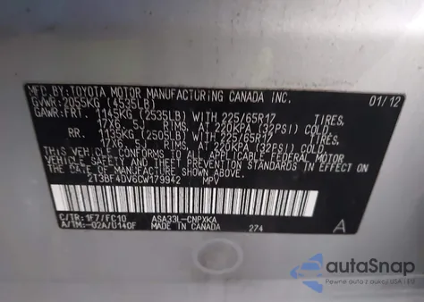 2012 Toyota Rav4 from USA, damaged, VIN 2T3BF4DV6CW179942
